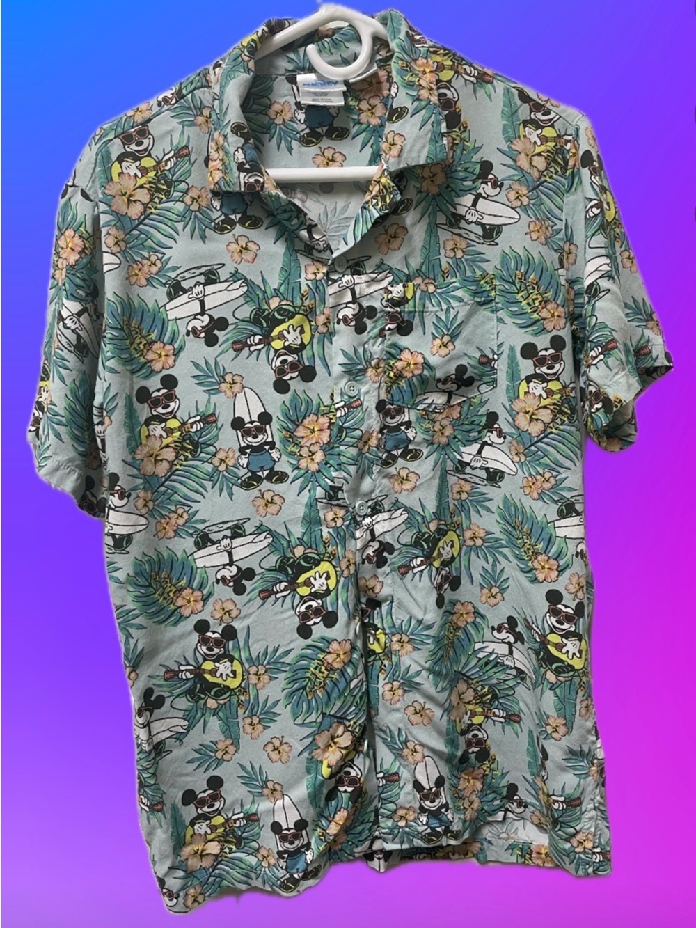 Disney Mickey Mouse Hawaiian Shirt Surf Floral Button Up Summer Size Small